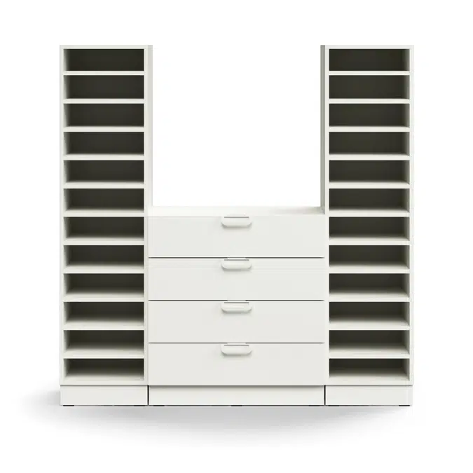 Pigeon hole unit QBUS, 22 shelves + 4 drawers, base frame, 1636x1600x420 mm