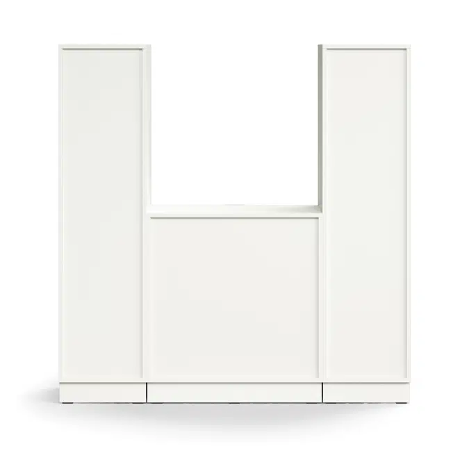Pigeon hole unit QBUS, 22 shelves + 4 drawers, base frame, 1636x1600x420 mm