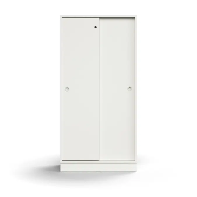 Lockable sliding door cabinet QBUS, 3 shelves, base frame, handles, 1636x800x400 mm