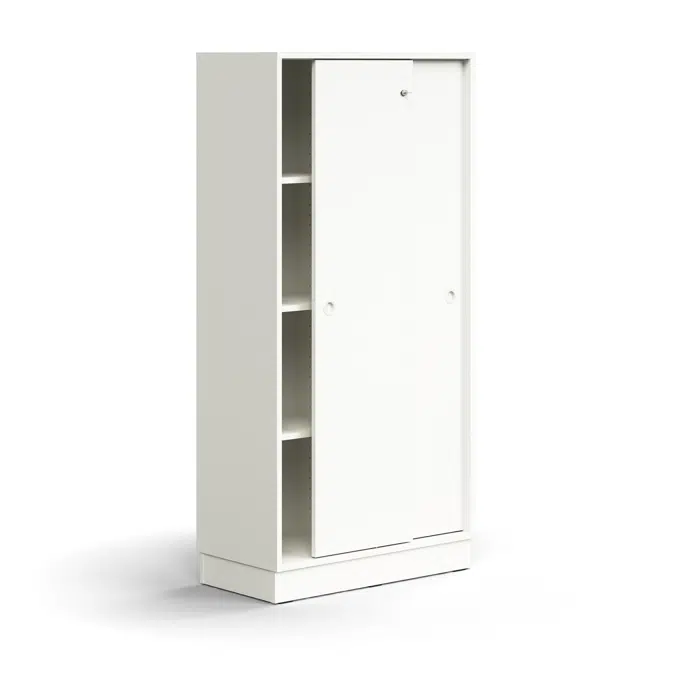 Lockable sliding door cabinet QBUS, 3 shelves, base frame, handles, 1636x800x400 mm