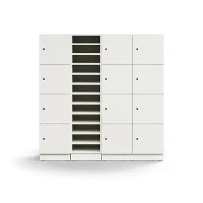 Post and personal storage unit QBUS, 11 shelves + 12 lockable comps, base frame, 1636x1600x420 mm