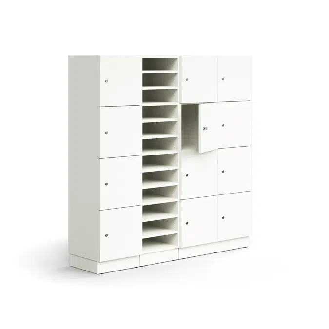 Post and personal storage unit QBUS, 11 shelves + 12 lockable comps, base frame, 1636x1600x420 mm