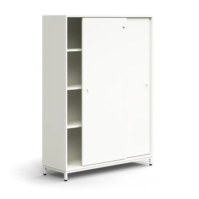 Lockable sliding door cabinet QBUS, 3 shelves, leg frame, handles, 1636x1200x400 mm