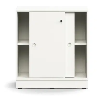 Lockable sliding door cabinet QBUS, 1 shelf, base frame, handles, 868x800x400 mm
