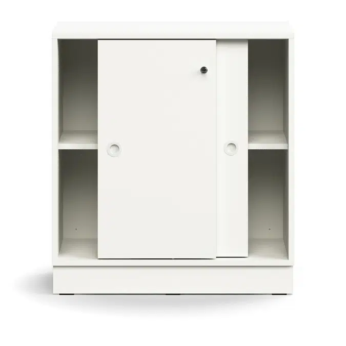 Lockable sliding door cabinet QBUS, 1 shelf, base frame, handles, 868x800x400 mm