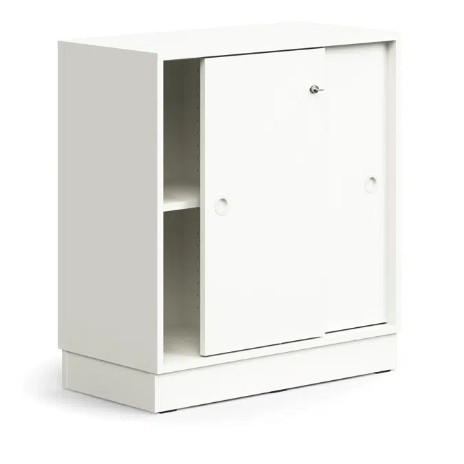 Lockable sliding door cabinet QBUS, 1 shelf, base frame, handles, 868x800x400 mm