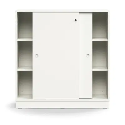 Lockable sliding door cabinet QBUS, 2 shelves, base frame, handles, 1252x1200x400 mm