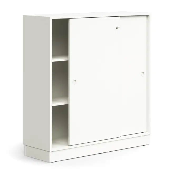 Lockable sliding door cabinet QBUS, 2 shelves, base frame, handles, 1252x1200x400 mm