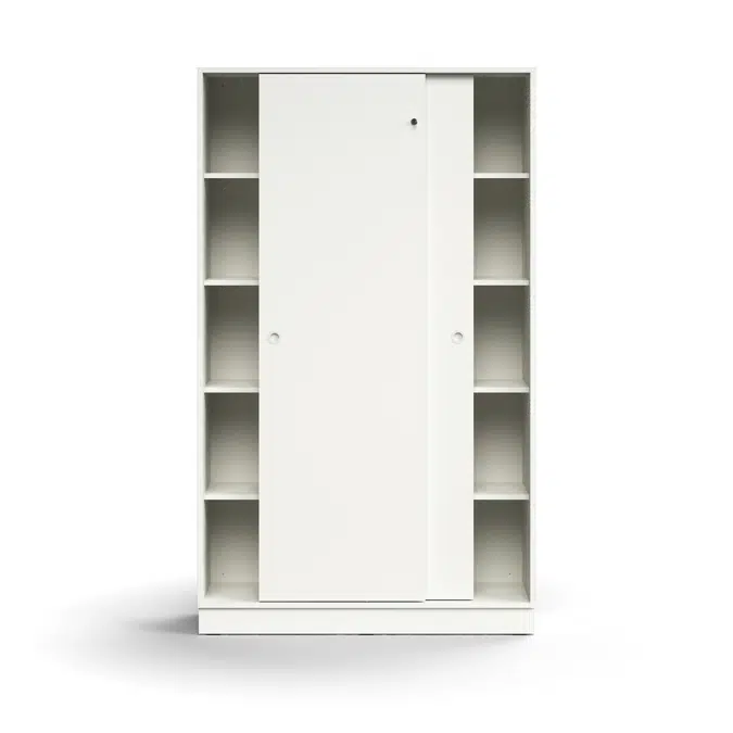 Lockable sliding door cabinet QBUS, 4 shelves, base frame, handles, 2020x1200x400 mm