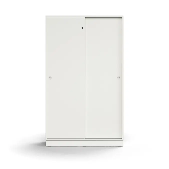 Lockable sliding door cabinet QBUS, 4 shelves, base frame, handles, 2020x1200x400 mm