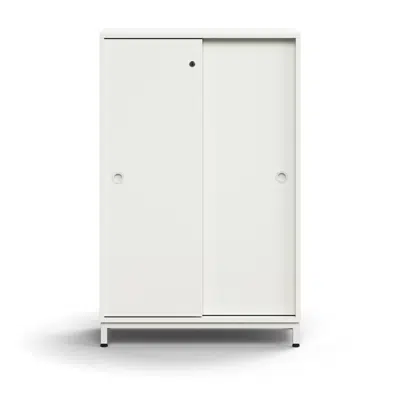 Lockable sliding door cabinet QBUS, 2 shelves, leg frame, handles, 1252x800x400 mm