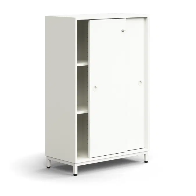 Lockable sliding door cabinet QBUS, 2 shelves, leg frame, handles, 1252x800x400 mm