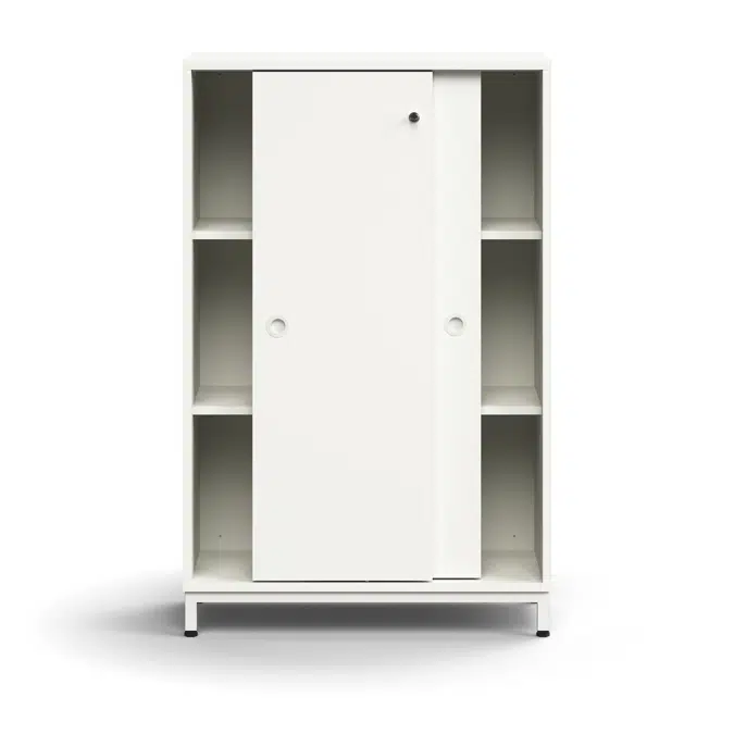 Lockable sliding door cabinet QBUS, 2 shelves, leg frame, handles, 1252x800x400 mm