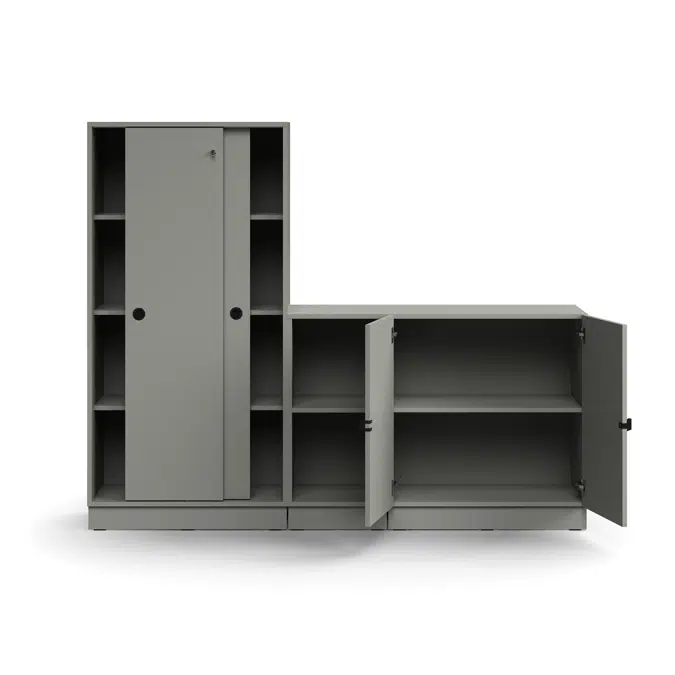 Storage unit QBUS, lockable cabinet + 2 open comps + cupboard, base frame, handles, 1636x2000x420 mm