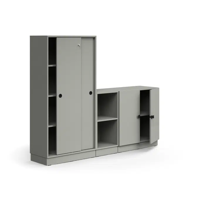 Storage unit QBUS, lockable cabinet + 2 open comps + cupboard, base frame, handles, 1636x2000x420 mm