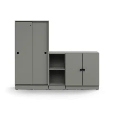 Storage unit QBUS, lockable cabinet + 2 open comps + cupboard, base frame, handles, 1636x2000x420 mm