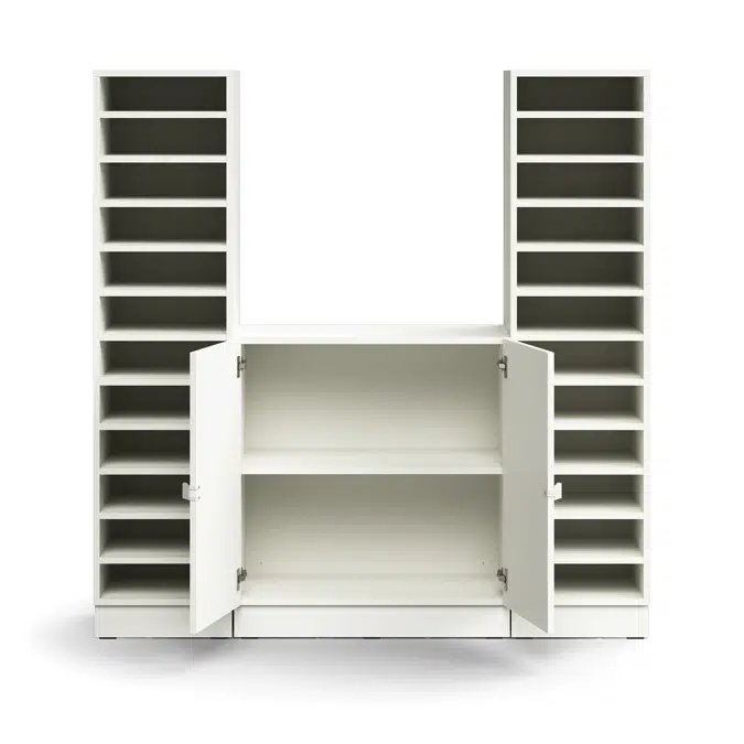 Pigeon hole unit QBUS, 22 shelves + cupboard, base frame, 1636x1600x420 mm