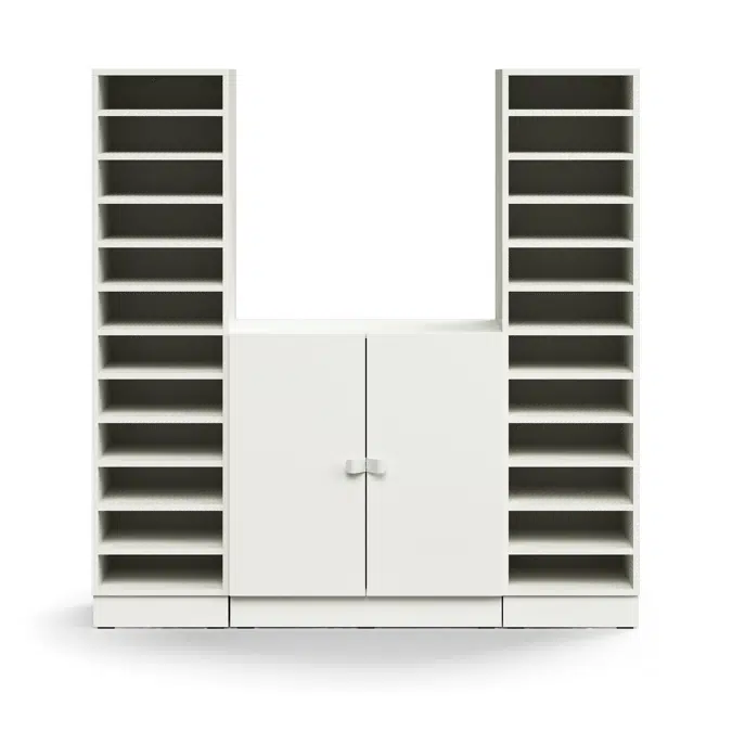 Pigeon hole unit QBUS, 22 shelves + cupboard, base frame, 1636x1600x420 mm