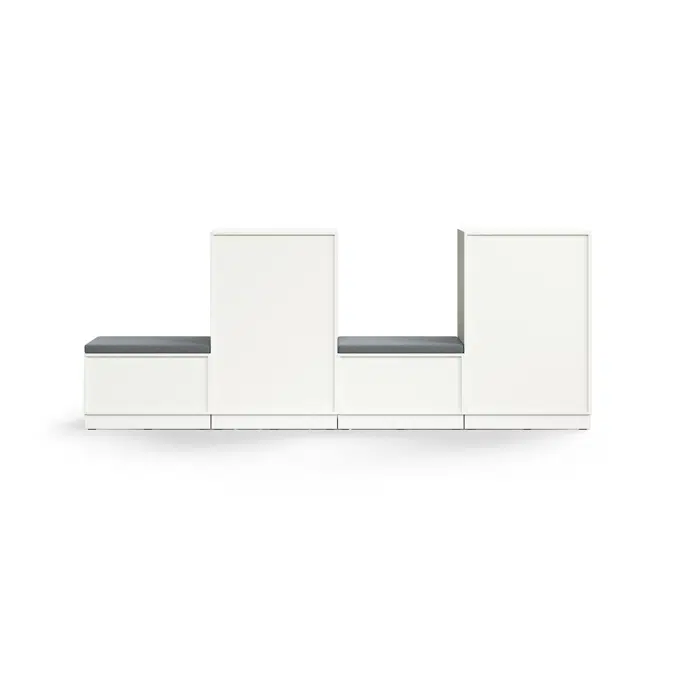 Storage unit QBUS, 2 cabinets + 2 storage benches, base frame, handles, 1252x3200x420 mm , green cushion