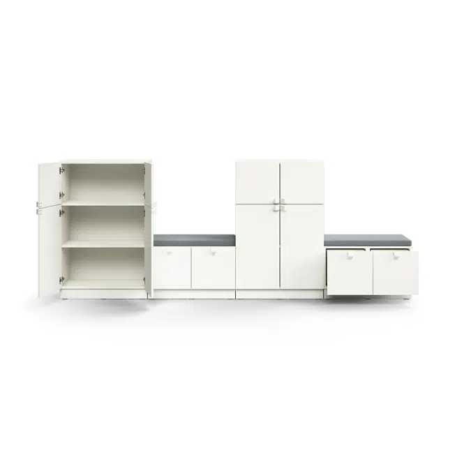 Storage unit QBUS, 2 cabinets + 2 storage benches, base frame, handles, 1252x3200x420 mm , green cushion