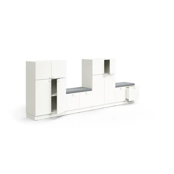 Storage unit QBUS, 2 cabinets + 2 storage benches, base frame, handles, 1252x3200x420 mm , green cushion