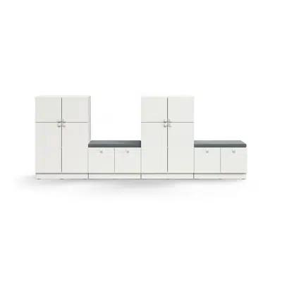Storage unit QBUS, 2 cabinets + 2 storage benches, base frame, handles, 1252x3200x420 mm , green cushion