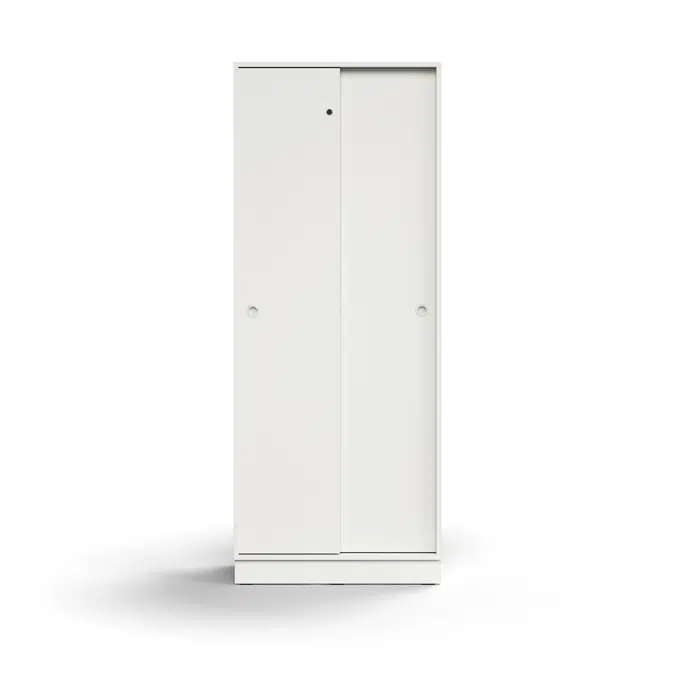 Lockable sliding door cabinet QBUS, 4 shelves, base frame, handles, 2020x800x400 mm