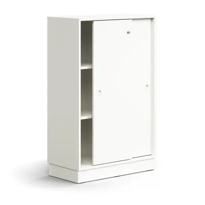 Lockable sliding door cabinet QBUS, 2 shelves, base frame, handles, 1252x800x400 mm