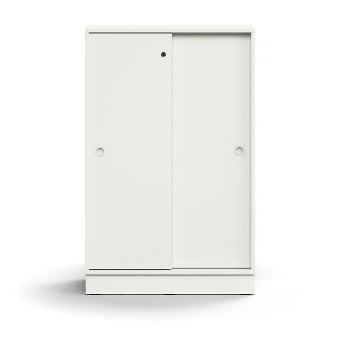 Lockable sliding door cabinet QBUS, 2 shelves, base frame, handles, 1252x800x400 mm