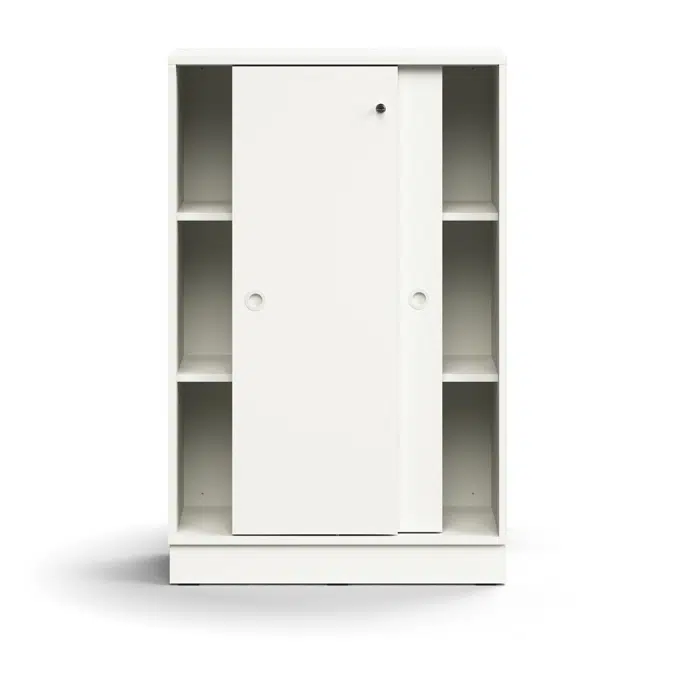 Lockable sliding door cabinet QBUS, 2 shelves, base frame, handles, 1252x800x400 mm