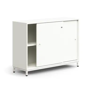 Lockable sliding door cabinet QBUS, 1 shelf, leg frame, handles, 868x1200x400 mm