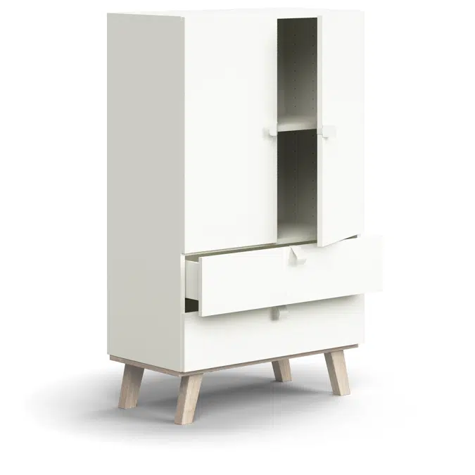 Cabinet QBUS, 2 shelves + 2 drawers, leg frame, handles, 1332x800x420 mm