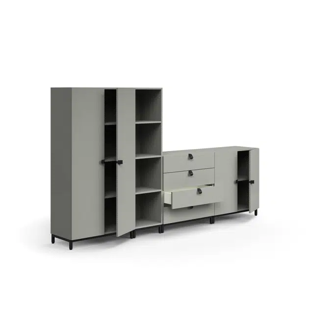 Storage unit QBUS, cabinet + 4 open comps + 4 dwrs + cupboard, leg frame, handles, 1636x2800x420 mm