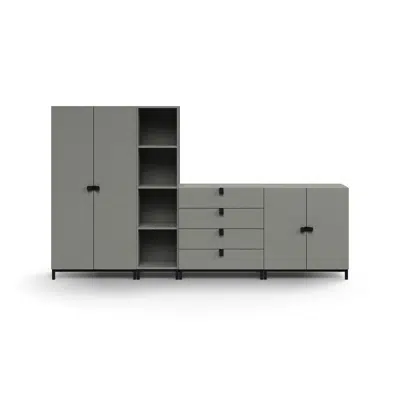 Зображення для Storage unit QBUS, cabinet + 4 open comps + 4 dwrs + cupboard, leg frame, handles, 1636x2800x420 mm