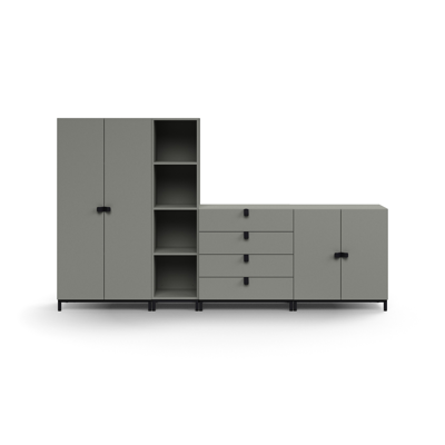 Image for Storage unit QBUS, cabinet + 4 open comps + 4 dwrs + cupboard, leg frame, handles, 1636x2800x420 mm