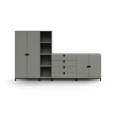 imagen para Storage unit QBUS, cabinet + 4 open comps + 4 dwrs + cupboard, leg frame, handles, 1636x2800x420 mm