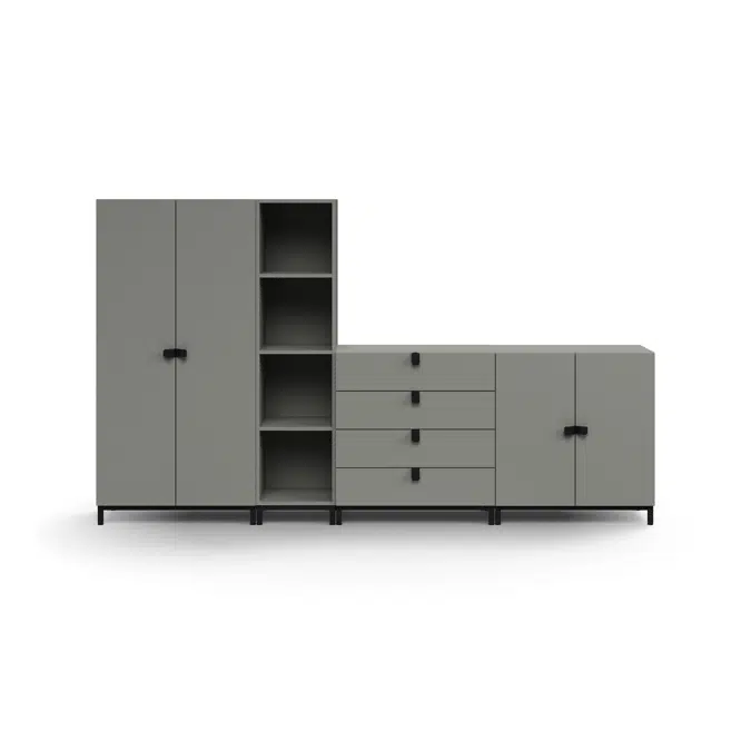 Storage unit QBUS, cabinet + 4 open comps + 4 dwrs + cupboard, leg frame, handles, 1636x2800x420 mm