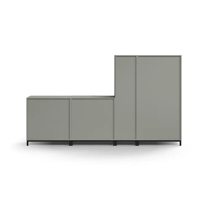 Storage unit QBUS, cabinet + 4 open comps + 4 dwrs + cupboard, leg frame, handles, 1636x2800x420 mm