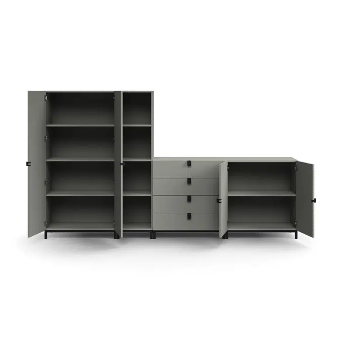 Storage unit QBUS, cabinet + 4 open comps + 4 dwrs + cupboard, leg frame, handles, 1636x2800x420 mm