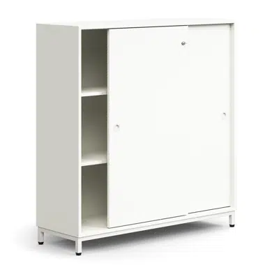 Lockable sliding door cabinet QBUS, 2 shelves, leg frame, handles, 1252x1200x400 mm