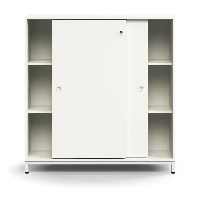 Lockable sliding door cabinet QBUS, 2 shelves, leg frame, handles, 1252x1200x400 mm