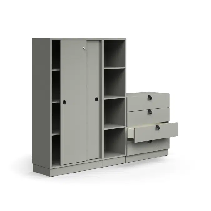 Storage unit QBUS, lockable cabinet + 4 open comps + 4 dwrs, base frame, handles, 1636x2000x420 mm