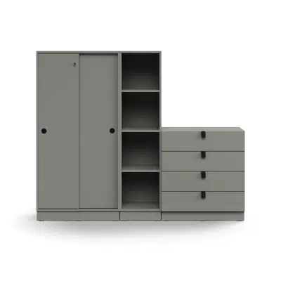 Image for Storage unit QBUS, lockable cabinet + 4 open comps + 4 dwrs, base frame, handles, 1636x2000x420 mm