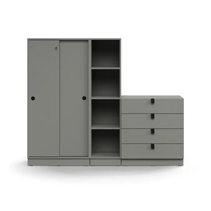 Storage unit QBUS, lockable cabinet + 4 open comps + 4 dwrs, base frame, handles, 1636x2000x420 mm