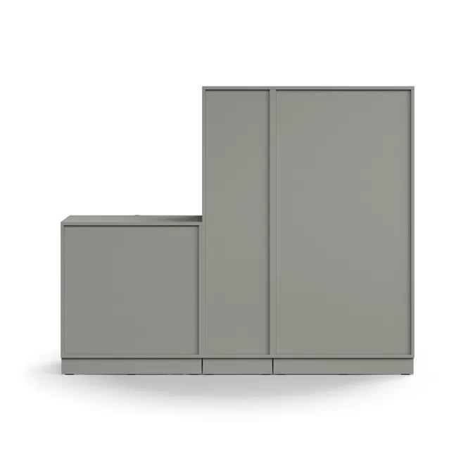 Storage unit QBUS, lockable cabinet + 4 open comps + 4 dwrs, base frame, handles, 1636x2000x420 mm