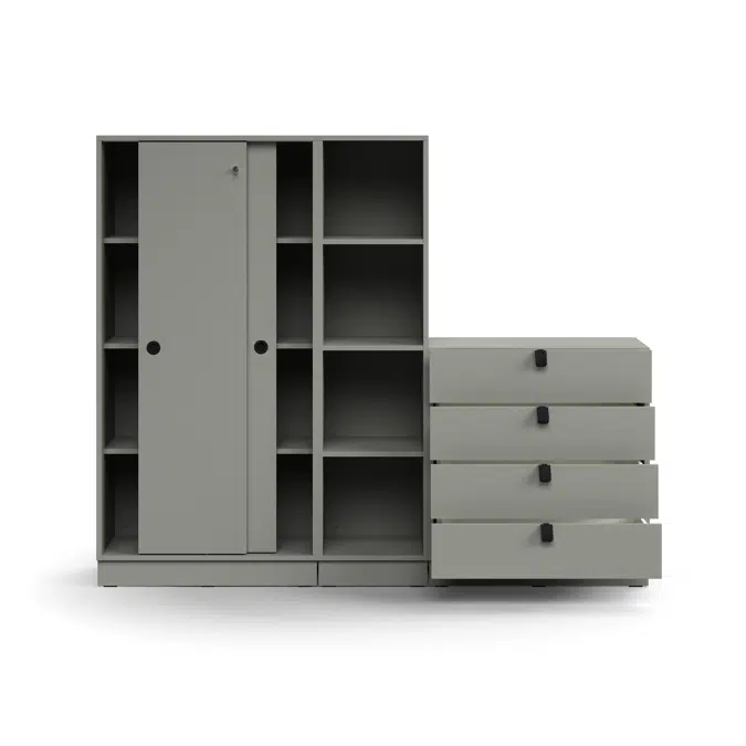 Storage unit QBUS, lockable cabinet + 4 open comps + 4 dwrs, base frame, handles, 1636x2000x420 mm