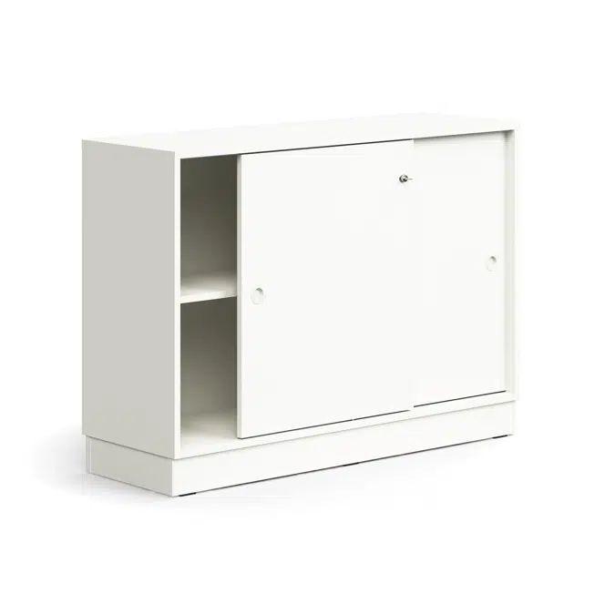 Lockable sliding door cabinet QBUS, 1 shelf, base frame, handles, 868x1200x400 mm
