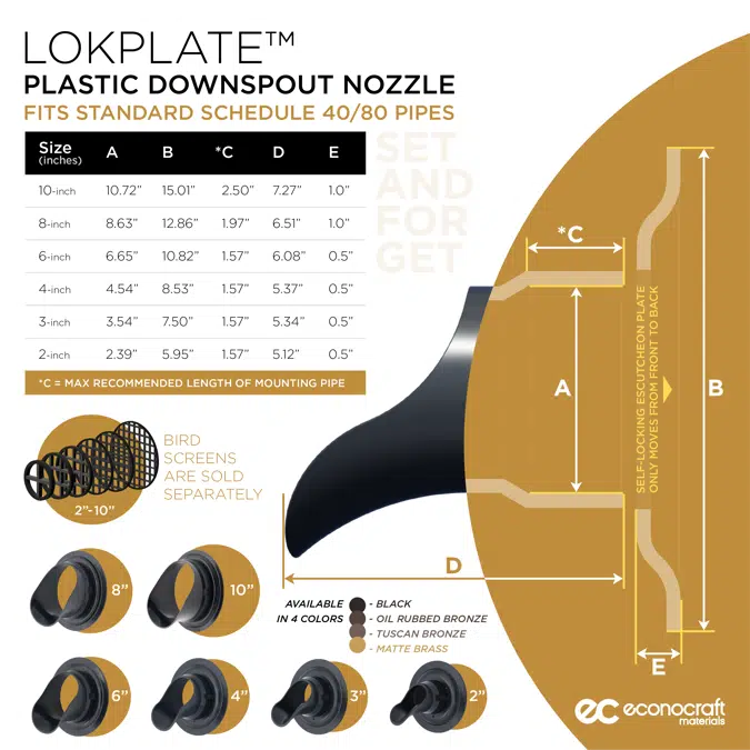 8" LokPlate™ Plastic Downspout Nozzle w/ Self-Locking Escutcheon Plate