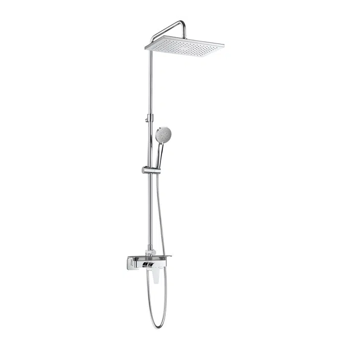 Even Shower column with adaptable shelf, height adjustable from 875 to 1275mm, and swivelling shower arm