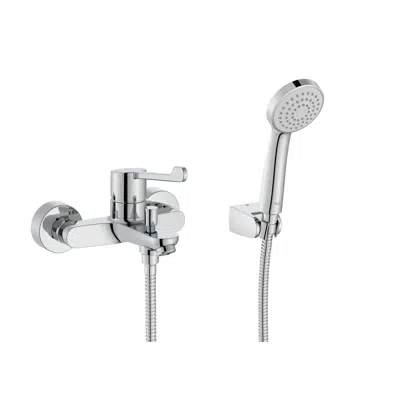 afbeelding voor Victoria Pro Wall-mounted bath-shower mixer with automatic diverter, hand-shower, 1.70 m flexible hose and swivel wall bracket. Handle for people with reduced mobility